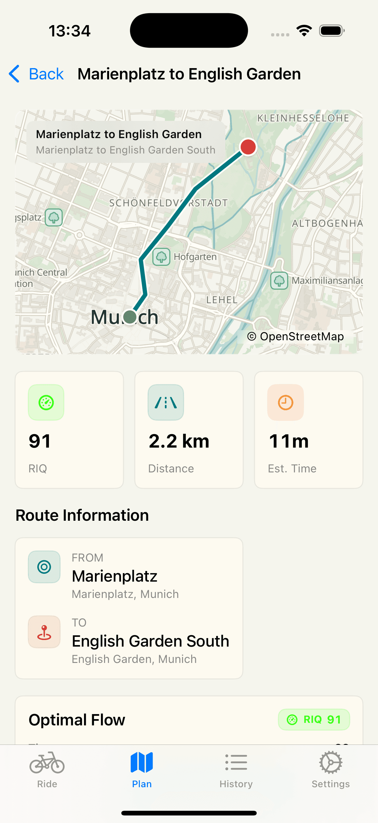 intellivelo app showing a planned route from Marienplatz to English Garden with a 91 RideIQ score.